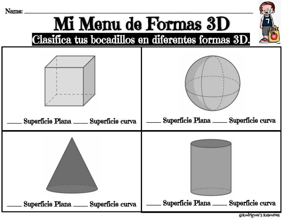 Grayscale Spanish 3D forms menu: sort snacks under a cube, sphere, cone and cylinder and mark plana or curva surfaces