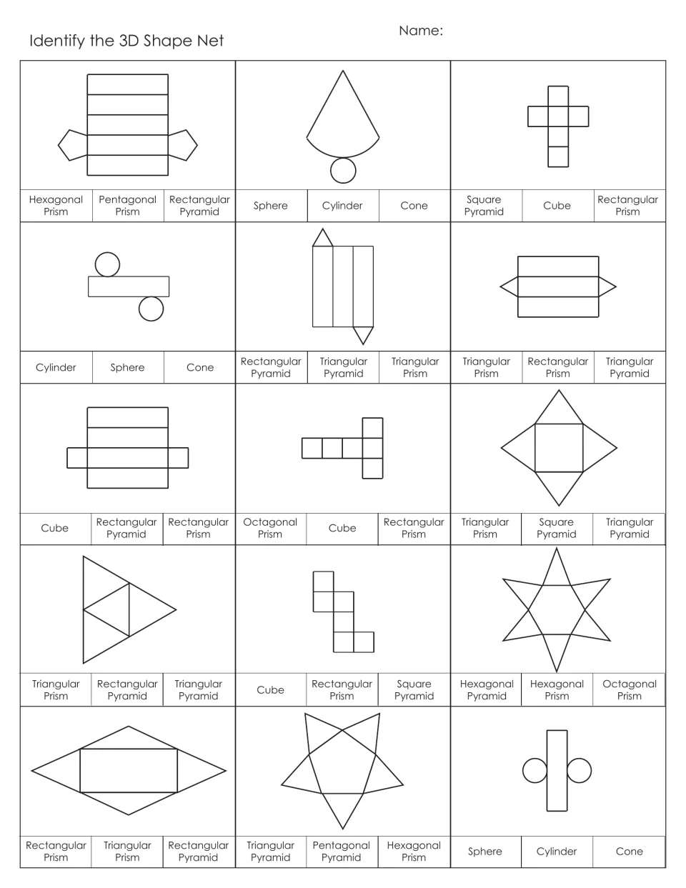 Identify the 3D Shape Net: students choose the correct solid for each of 15 nets from three names like cube, cone or prism