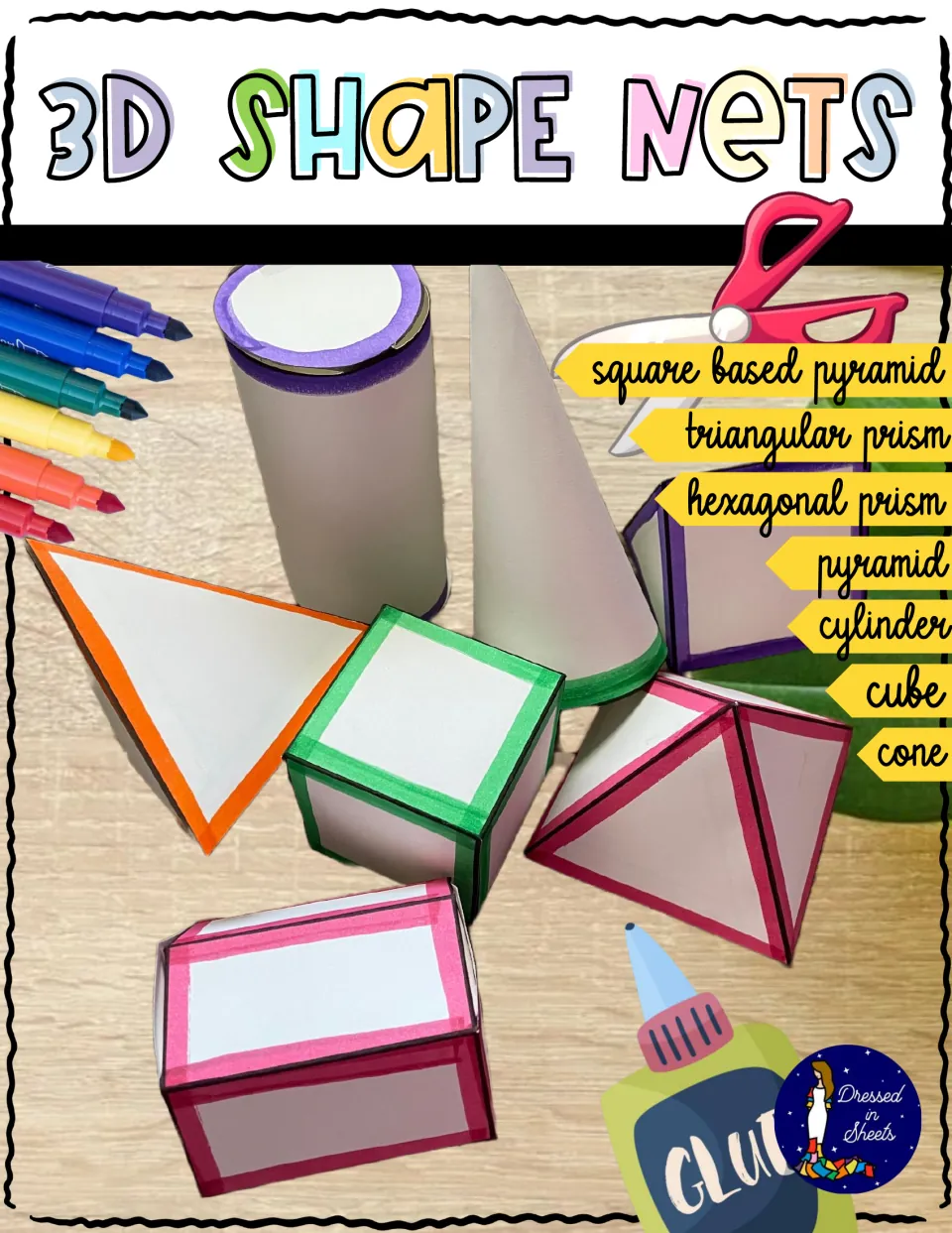 3D Shape Nets cover: photo of paper cube, cylinder, cone and prisms built from nets, listing the seven shapes included