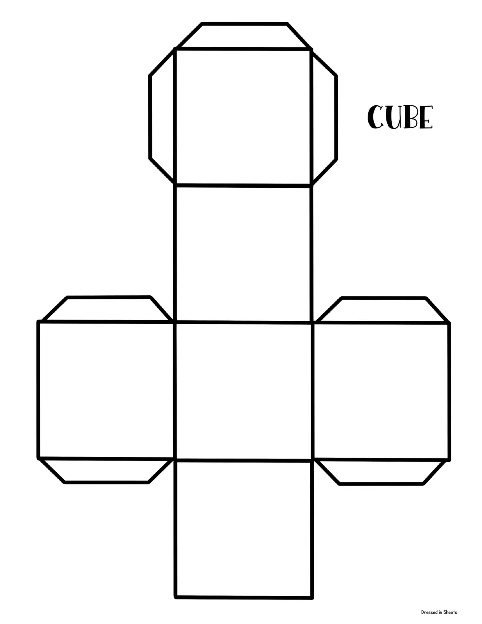 Cube net: students cut out six connected squares with glue tabs, then fold and glue them to build a cube