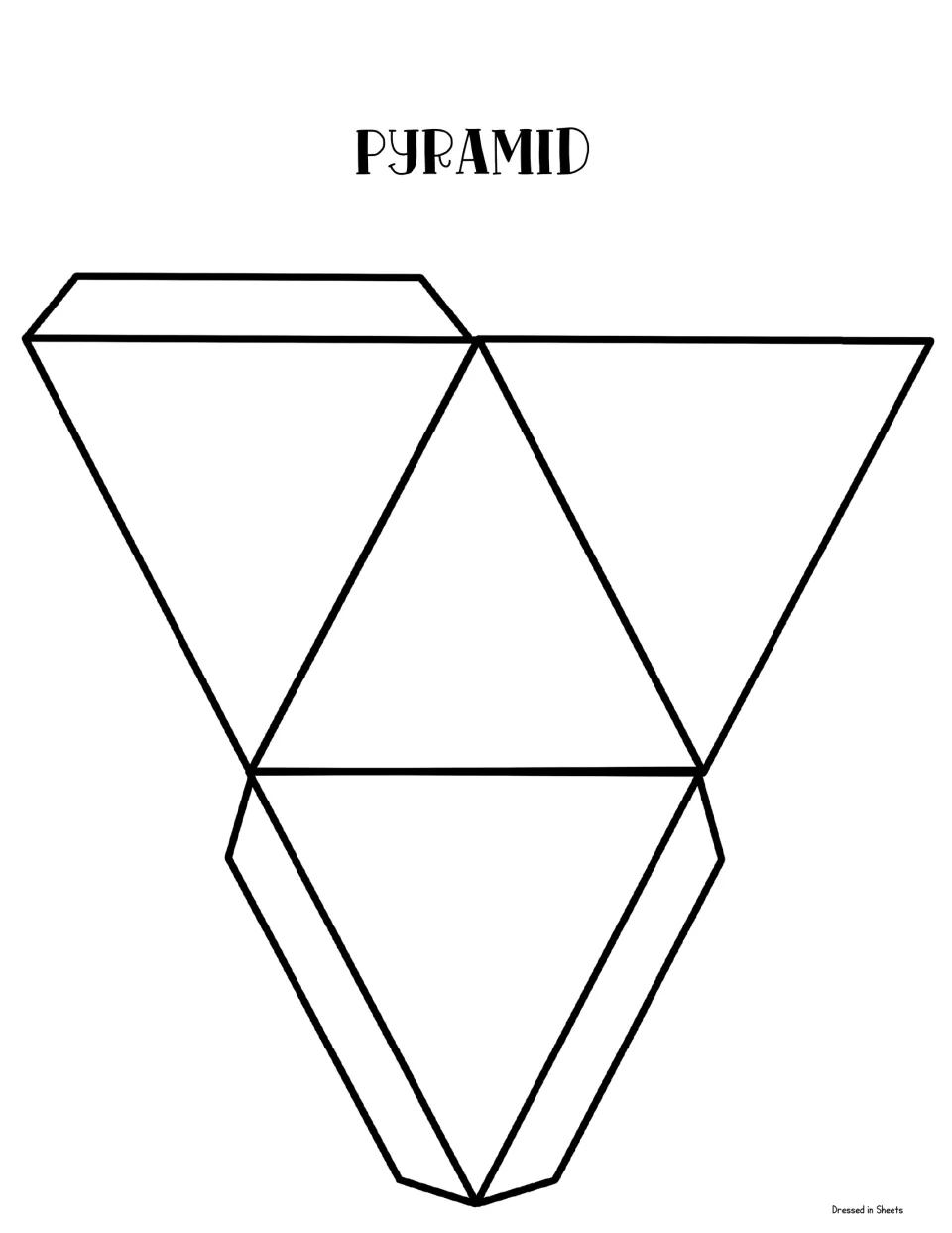 Pyramid net: four joined triangles with glue tabs that students cut, fold and glue into a triangular pyramid