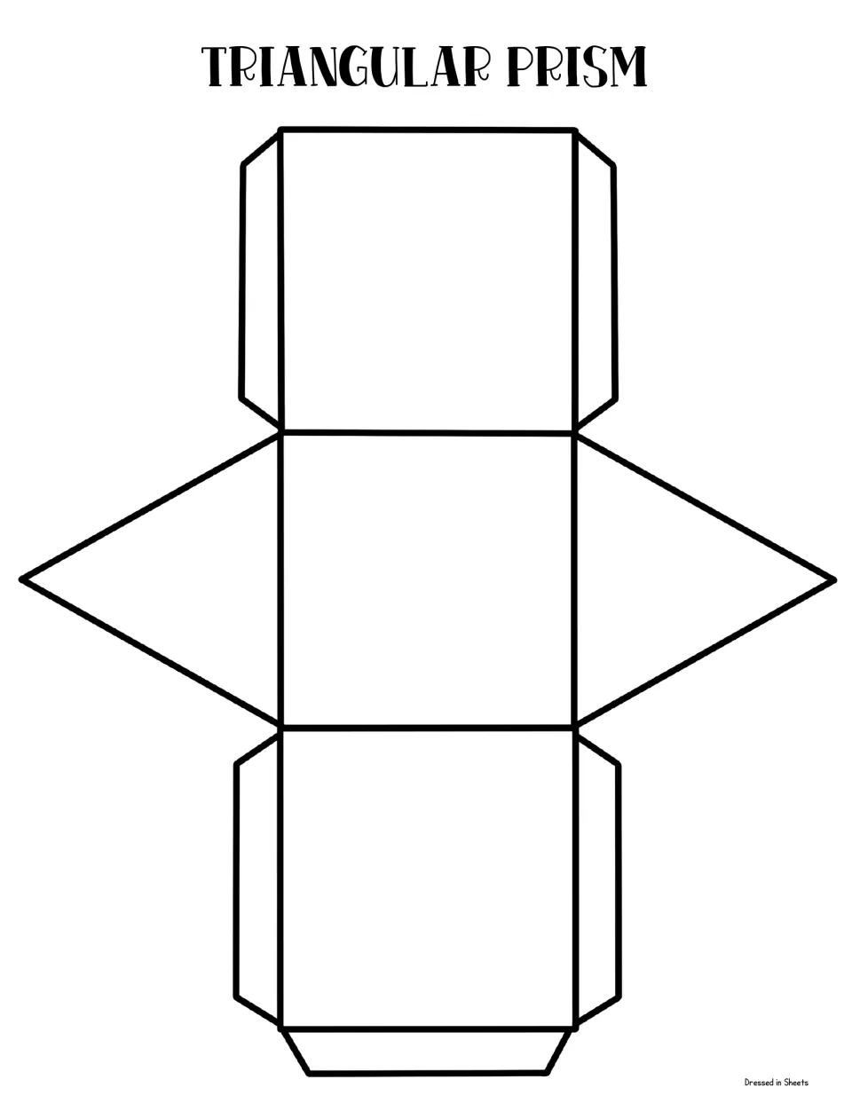 Triangular prism net: three rectangles and two triangle ends with tabs for students to cut, fold and glue together