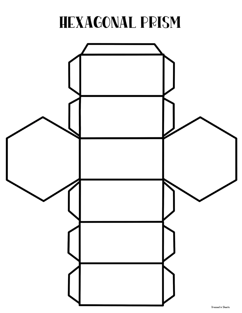 Hexagonal prism net: six rectangles in a strip and two hexagon ends that students cut out and fold into a prism
