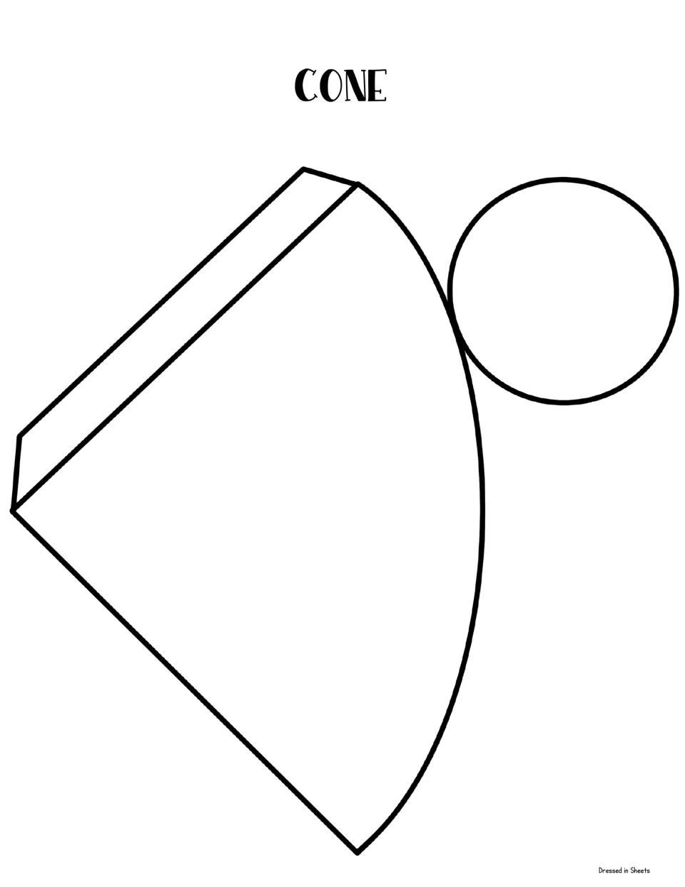 Cone net: a curved sector with a glue tab plus a circle base for students to cut out, roll and attach into a cone