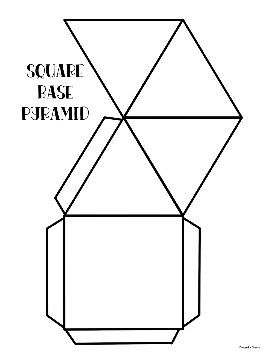 Square base pyramid net: a square base with four triangle faces and tabs for students to cut, fold and glue together