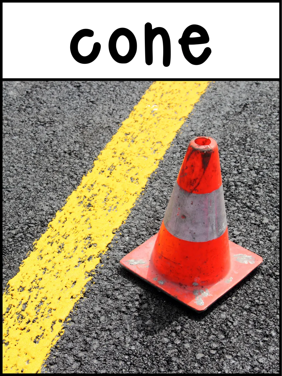 3D shape poster labeled 'cone' showing an orange traffic cone beside a yellow line on a paved road