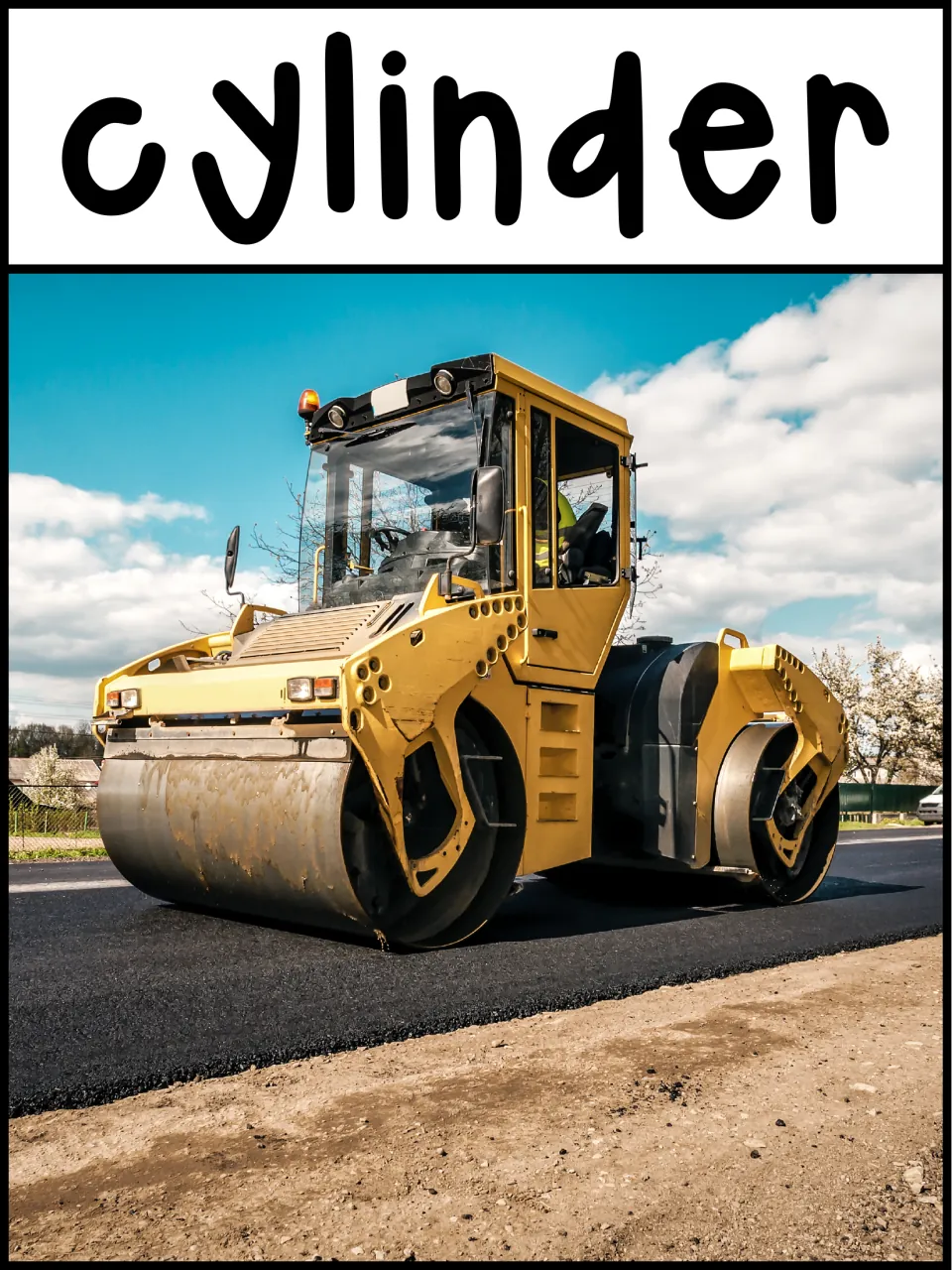 3D shape poster labeled 'cylinder' showing the cylindrical drums of a yellow road roller on pavement