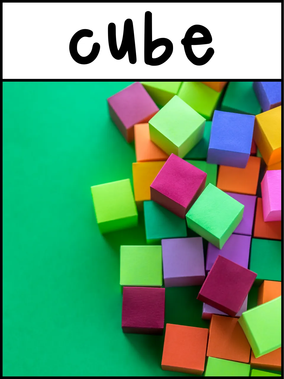 3D shape poster labeled 'cube' showing colorful cube blocks on a green surface as examples of the shape