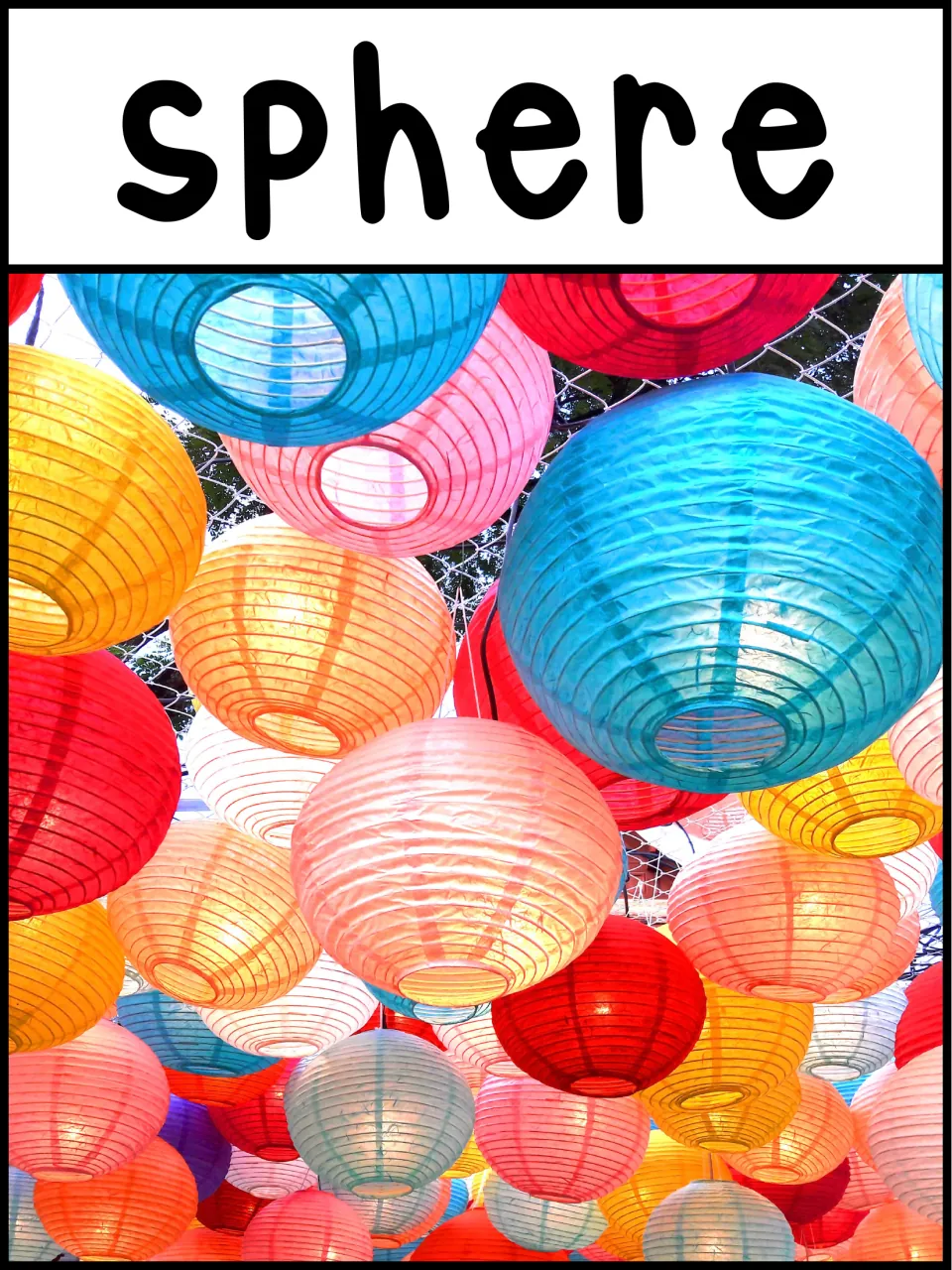 3D shape poster labeled 'sphere' showing colorful hanging paper lanterns as real-life shape examples