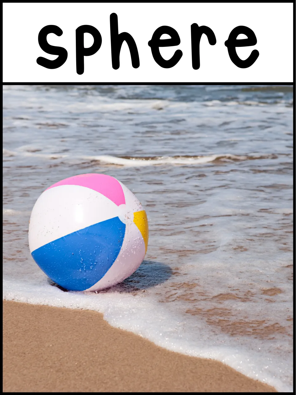 3D shape poster labeled 'sphere' showing a multicolored beach ball in shallow water at the sandy shore