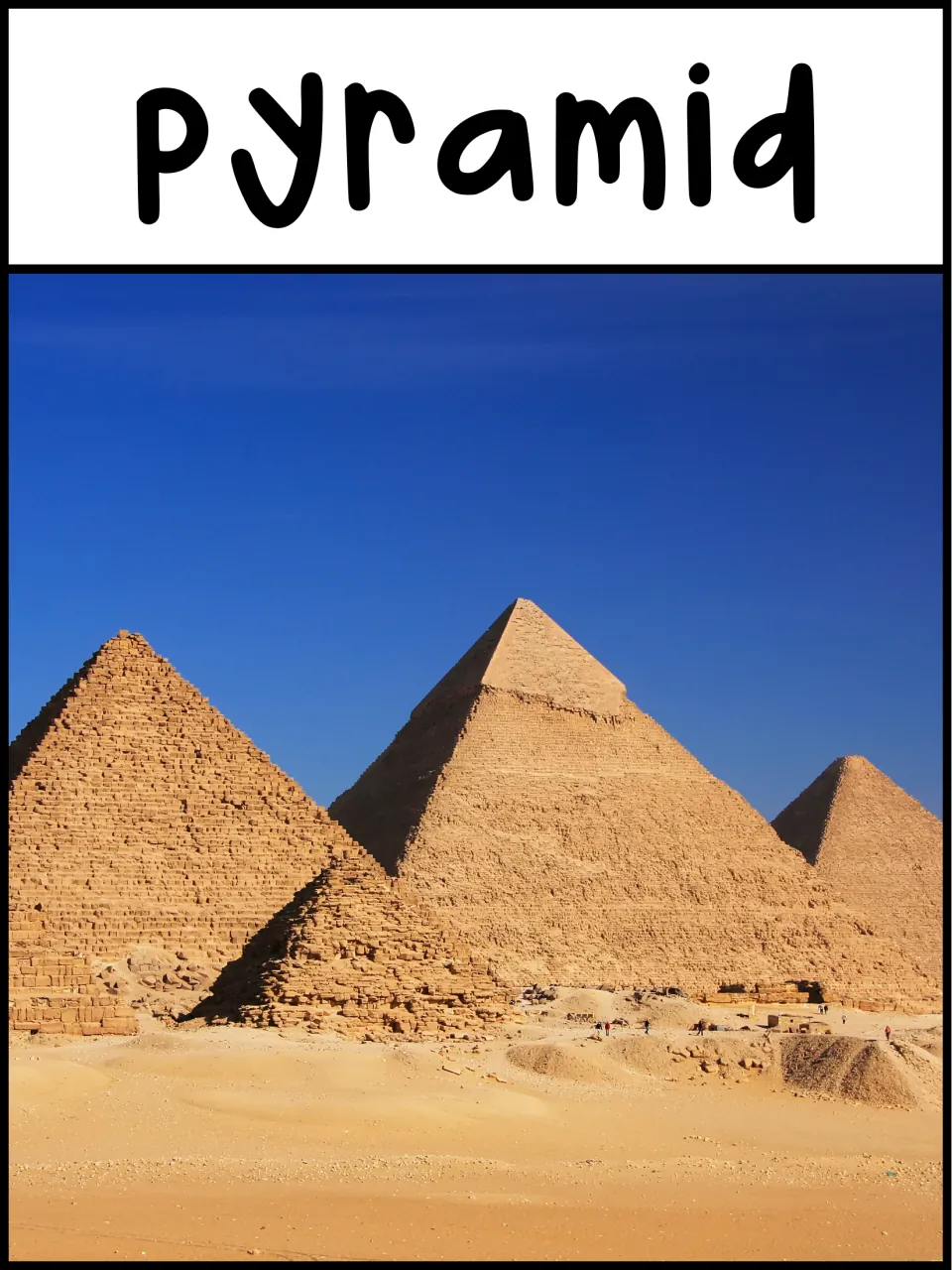 3D shape poster labeled 'pyramid' showing stone pyramids in a desert as real-life examples of the shape