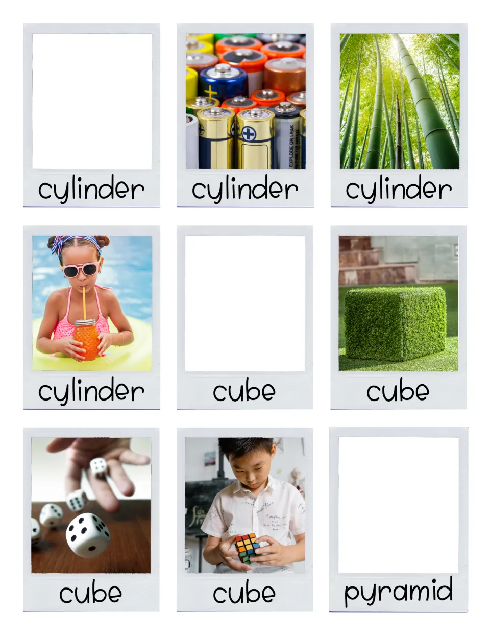 Cylinder and cube cards: batteries, bamboo, a jar drink, grass cube, dice and puzzle cube, plus blank cards and pyramid