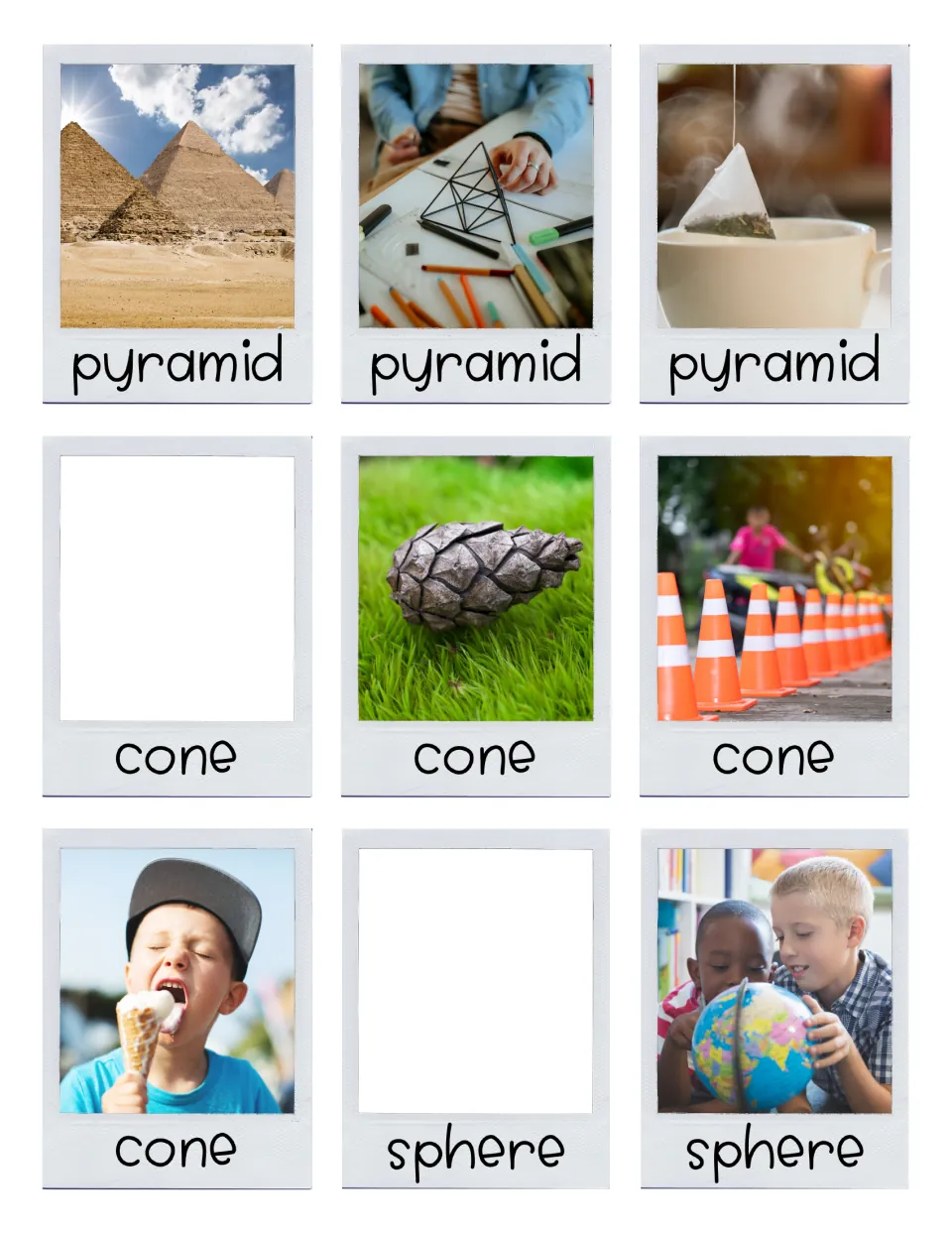 Pyramid, cone and sphere cards: desert pyramids, tea bag, pinecone, traffic cones, ice cream cone and a globe