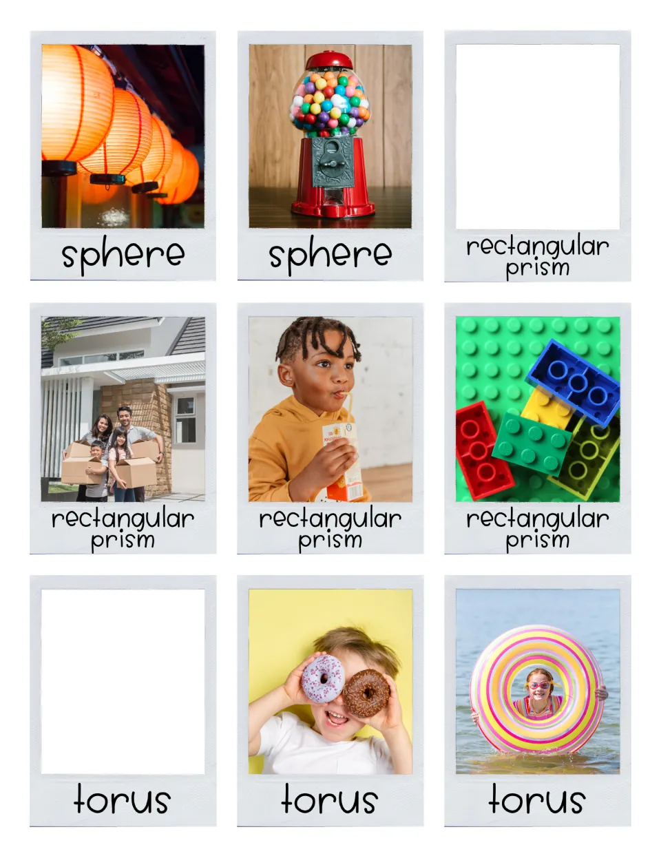 Sphere, rectangular prism and torus cards: lanterns, gumball machine, moving boxes, juice box, toy bricks and donuts