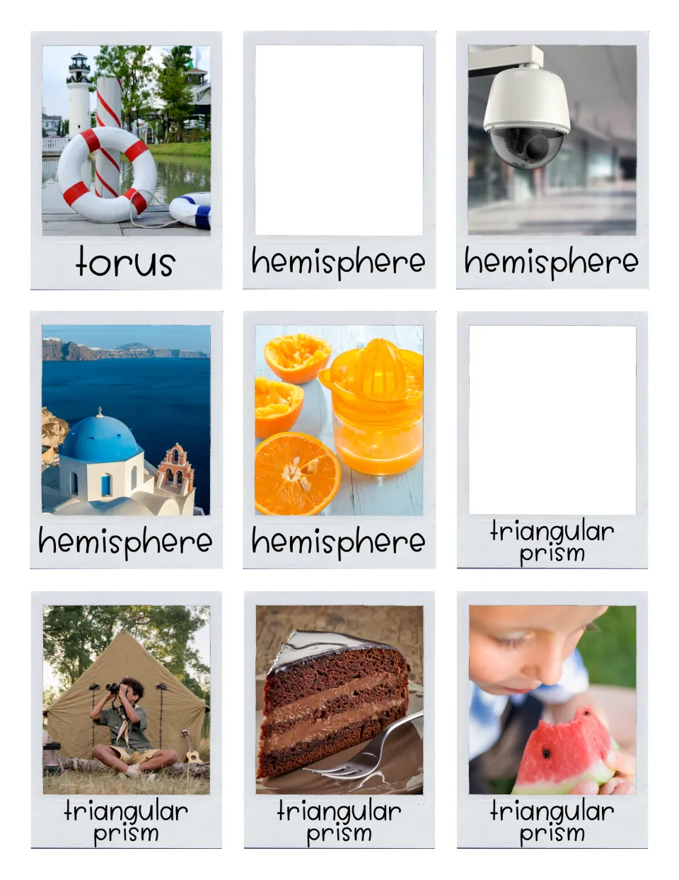Torus, hemisphere and triangular prism cards: life ring, security camera, domed church, juicer, tent, cake and watermelon