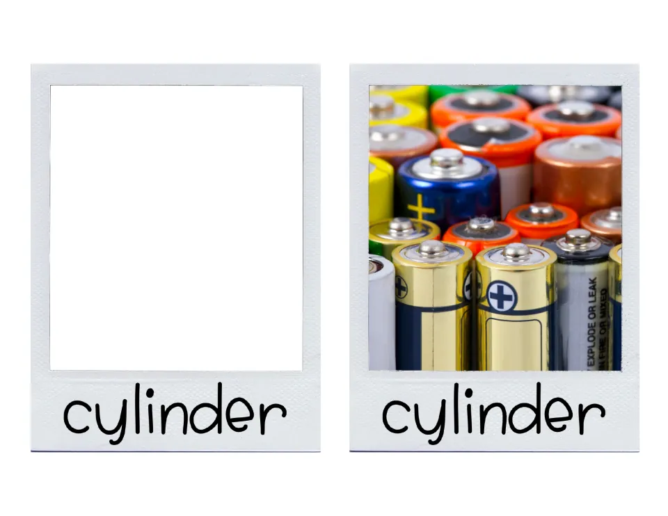 Large cylinder cards: a blank labeled cylinder card beside a cylinder card showing a close-up photo of colorful batteries