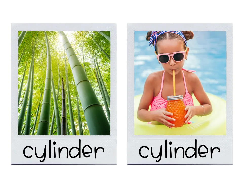 Large cylinder cards showing tall green bamboo stalks and a girl in a swim ring sipping from a jar drink with a straw