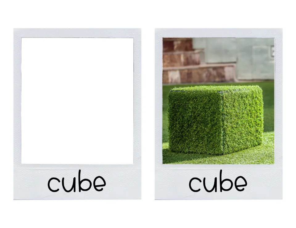 Large cube cards: a blank card labeled cube and a cube card with a photo of a green artificial grass-covered block