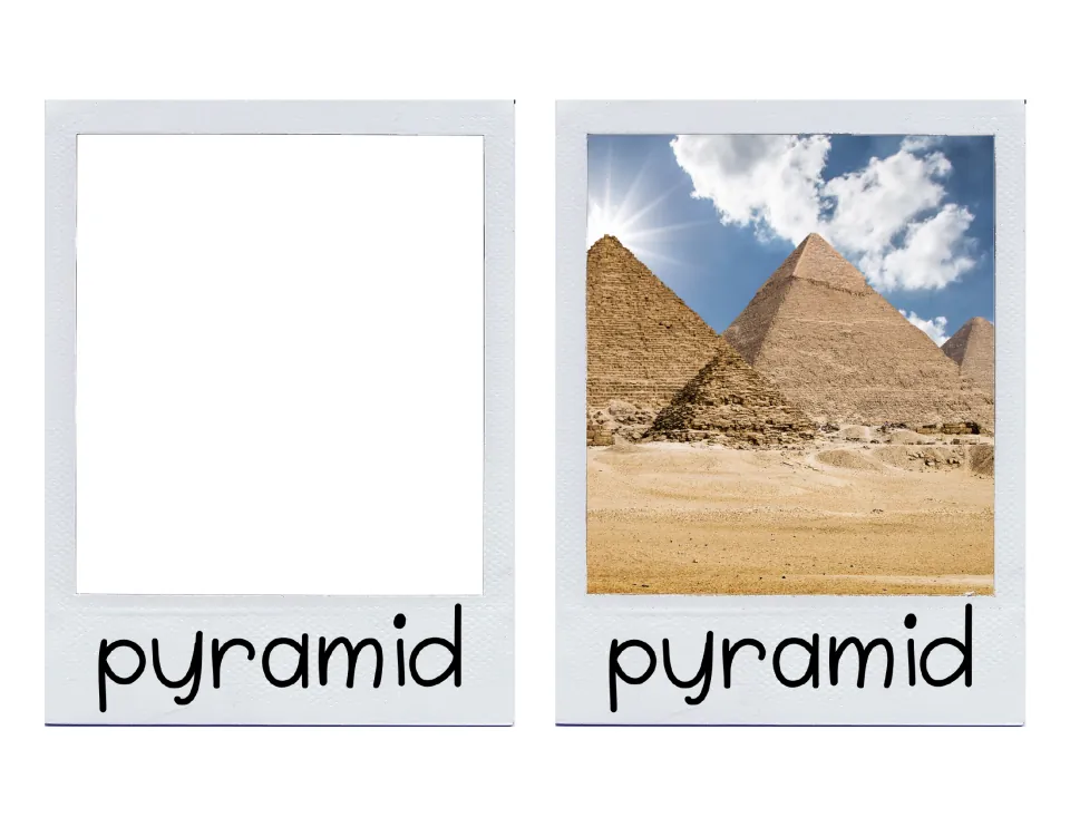 Large pyramid cards: a blank card labeled pyramid next to a pyramid card with a photo of the stone pyramids in a desert