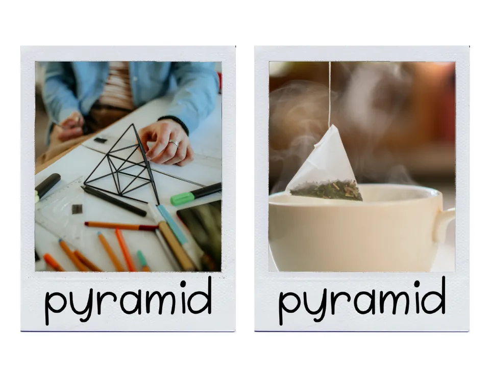 Large pyramid cards showing a black wire pyramid model on a desk with pencils and a pyramid tea bag over a cup