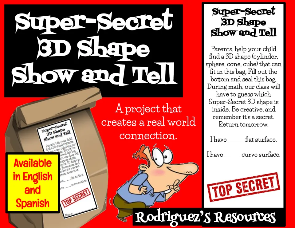 Super-Secret 3D Shape Show and Tell cover: a paper bag with a parent note tag for a 3D shape guessing project