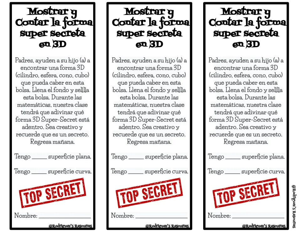 Spanish bag tags: parents help find a cilindro, esfera, cono or cubo; child records counts of flat and curved surfaces