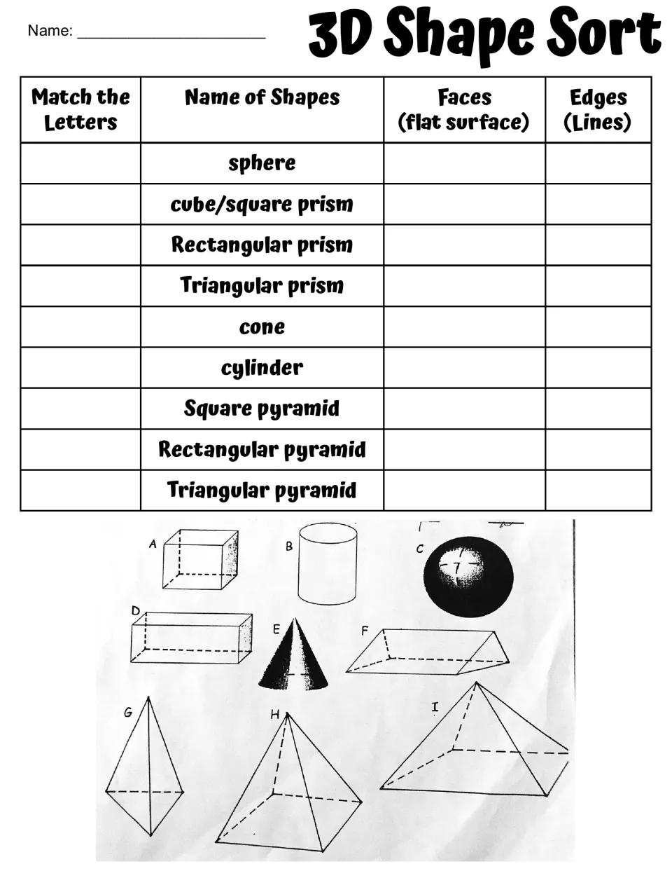 3D shapes: students match lettered drawings A to I to nine solid names and record each shape's faces and edges