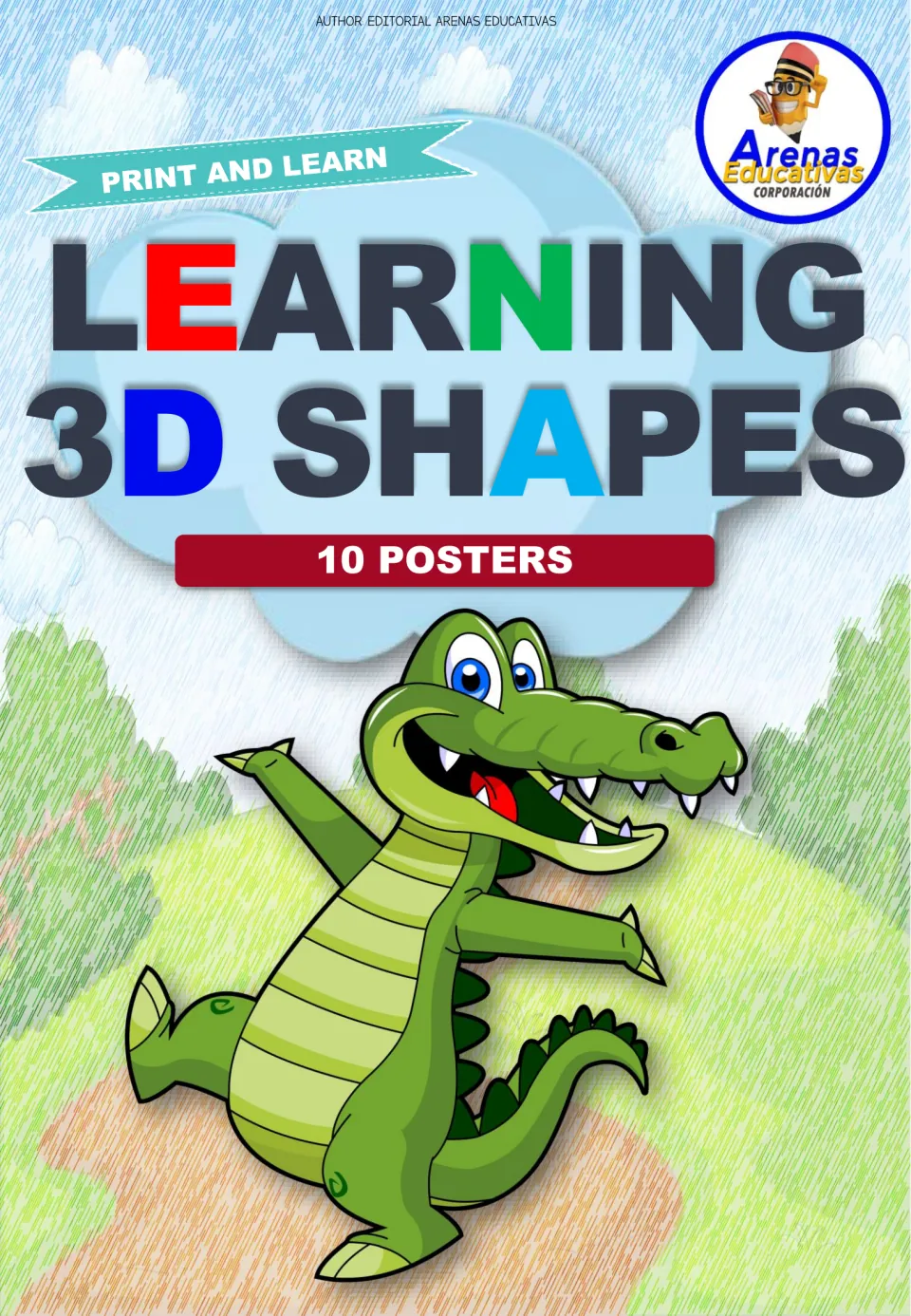 Learning 3D Shapes cover: a Print and Learn set of 10 posters, with a smiling cartoon crocodile below the title