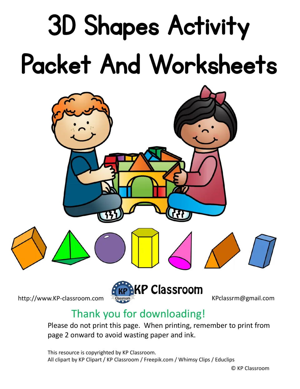Cover of 3D Shapes Activity Packet and Worksheets: two kids building with blocks above a row of seven 3D shapes