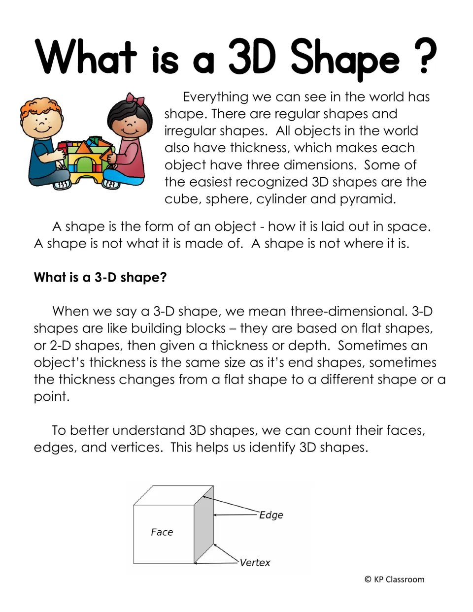 What is a 3D Shape?: reading passage on three dimensions, 2-D bases and depth, with a cube labeled face, edge and vertex