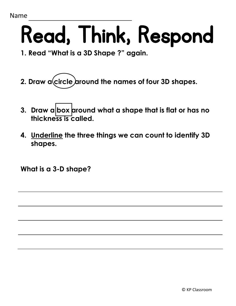 Read, Think, Respond: students reread the 3D shape passage, circle four shape names, box a term, underline what to count