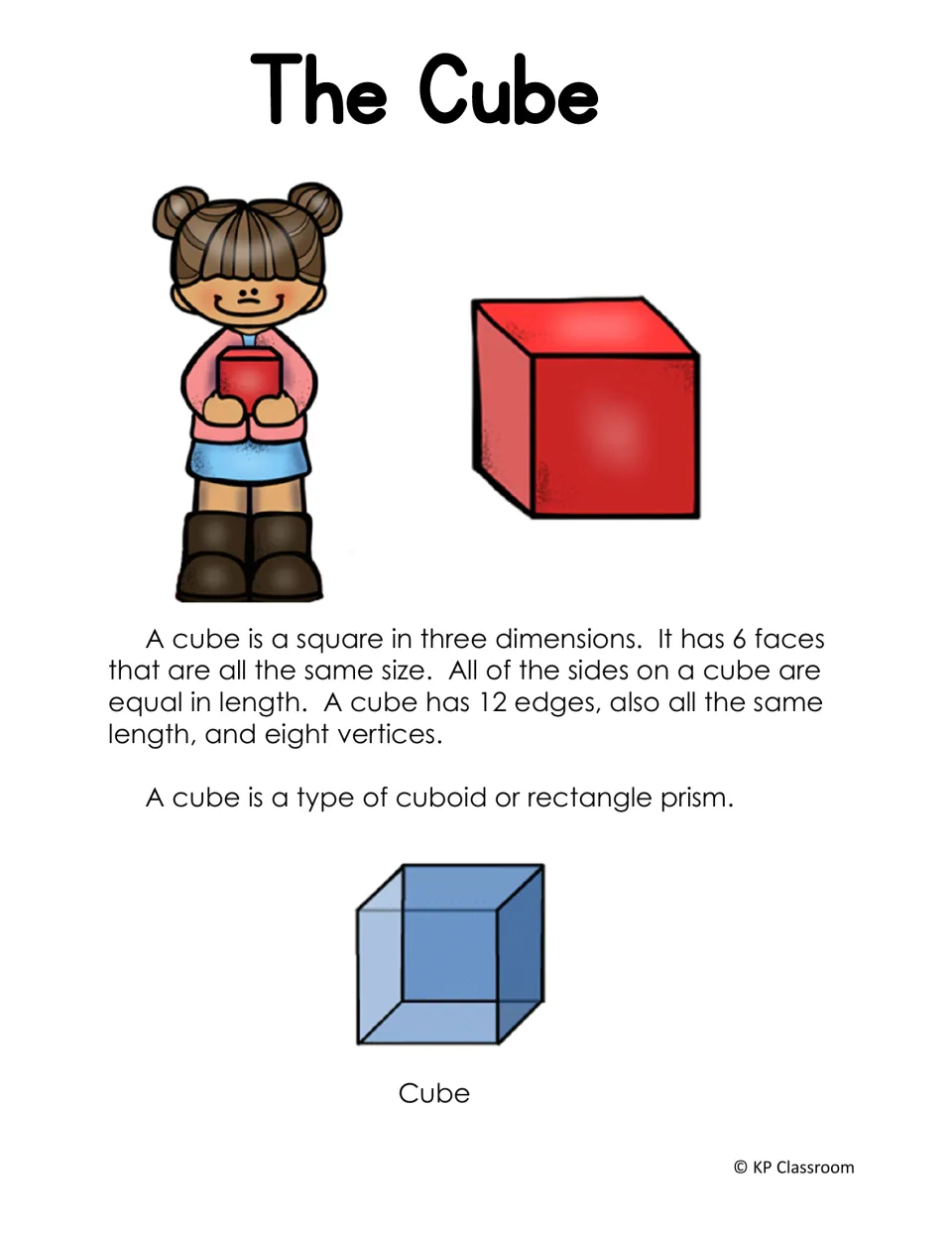 The Cube: short reading that a cube has 6 equal faces, 12 edges and 8 vertices and is a type of rectangle prism