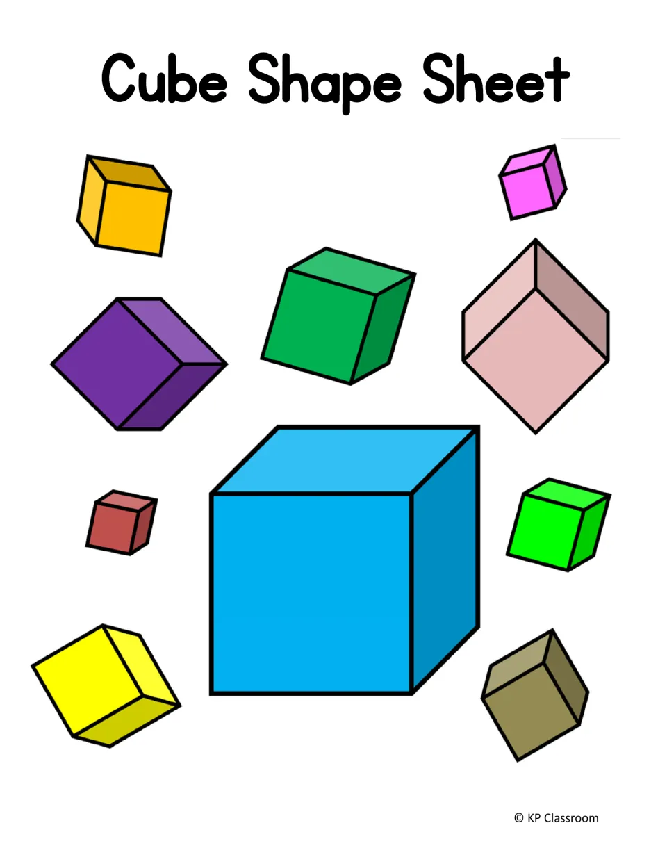 Cube Shape Sheet: a large blue cube surrounded by nine smaller cubes in different colors, sizes and turned positions