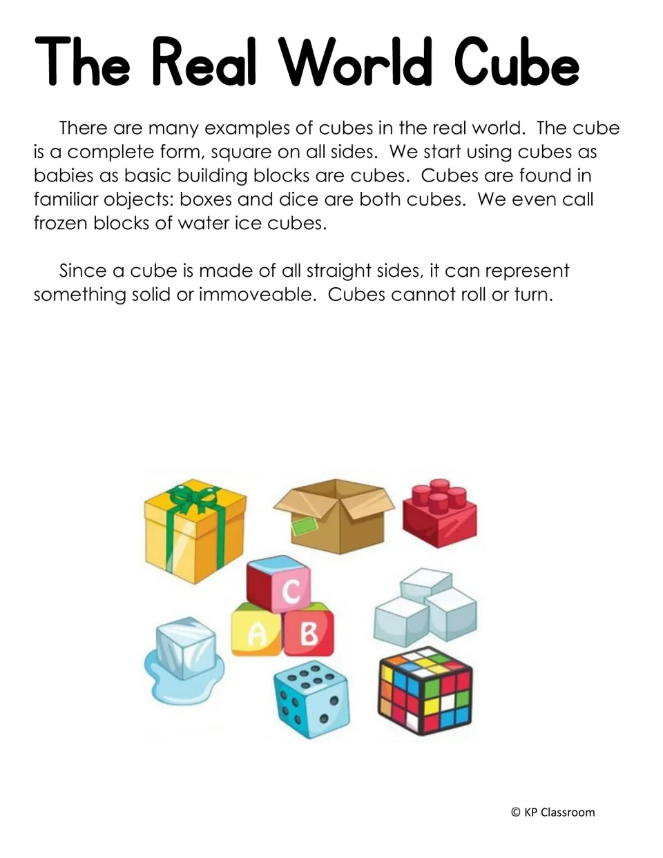 The Real World Cube: reading on everyday cubes like boxes, dice and ice, with pictures of letter blocks and a puzzle cube