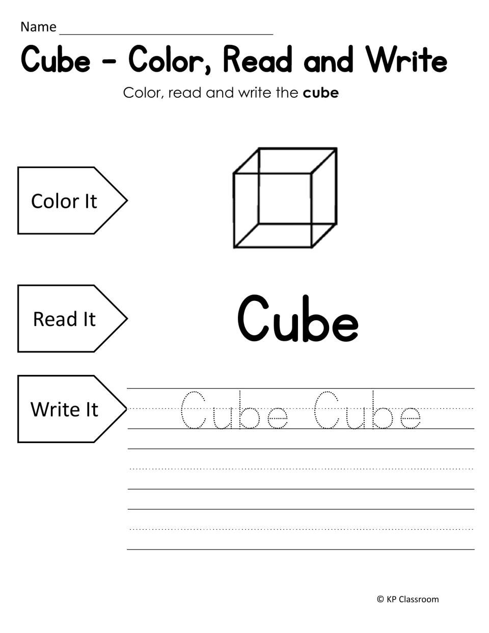 Cube - Color, Read and Write: students color a cube outline, read the word cube, then trace and write it