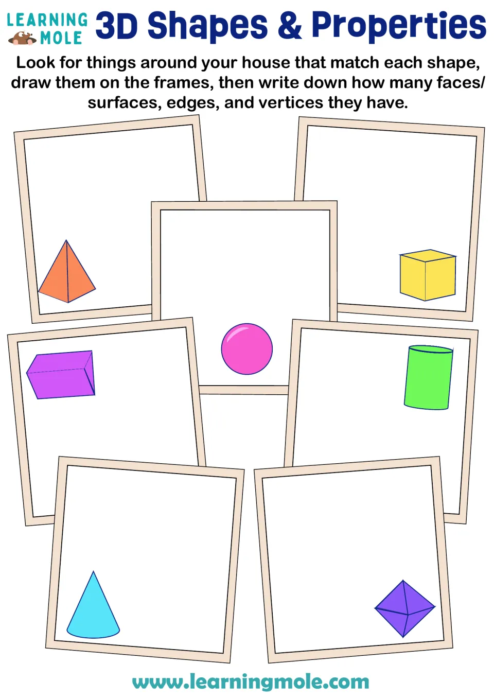 3D shape hunt: students draw home objects matching a cube, sphere, cone and more, then count faces, edges and vertices