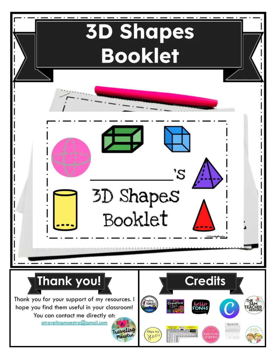 3D Shapes Booklet cover showing a sphere, prism, cube, pyramid, cylinder and cone, with thank-you note and art credits