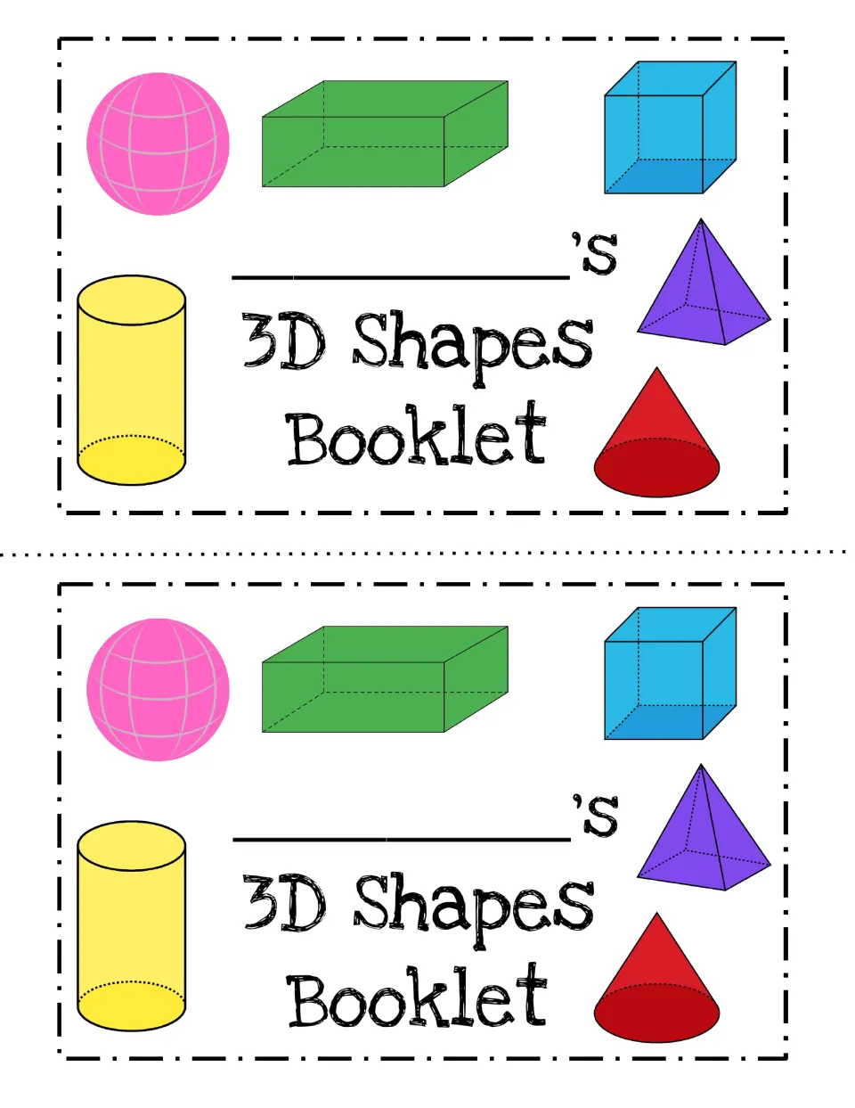 Two color cut-apart booklet covers with a name line and pictures of a sphere, cube, cone, cylinder, pyramid and prism