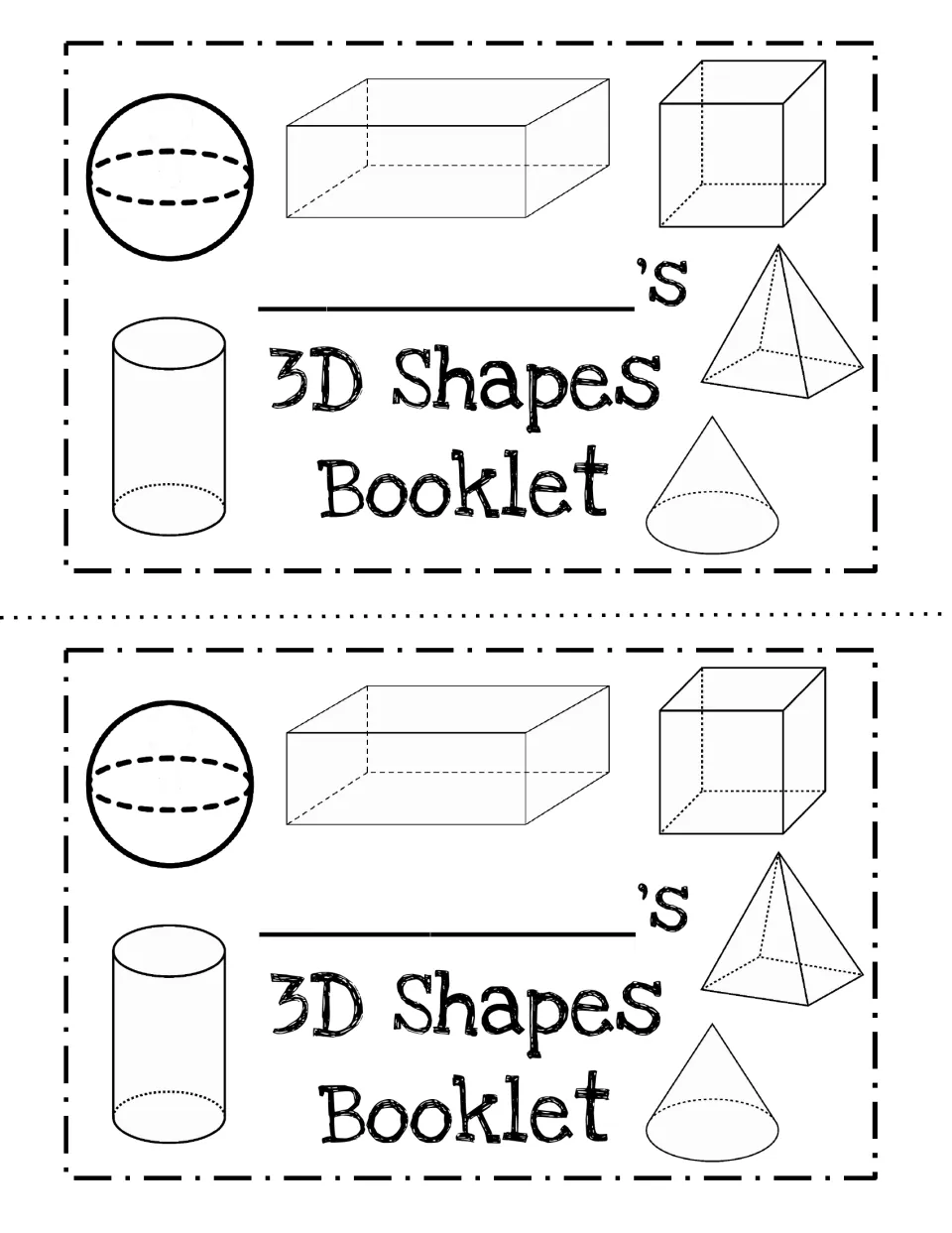Two black-and-white booklet covers to color, with a name line and outline drawings of six solid shapes for students