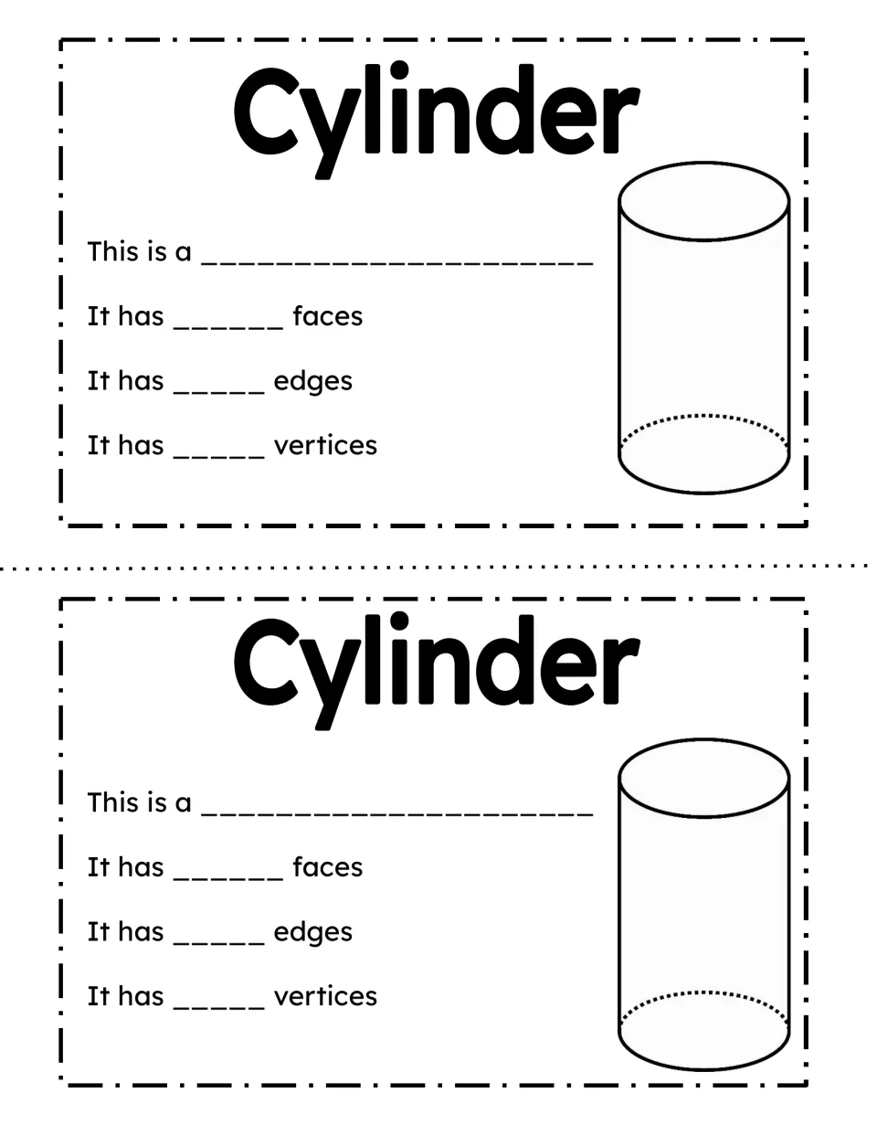 Cylinder: students name the shape and write how many faces, edges and vertices it has, beside a cylinder drawing