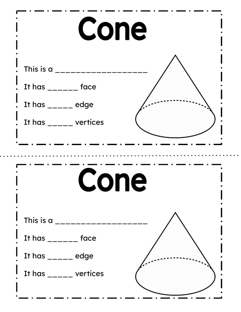 Cone: students fill in the shape name and count its face, edge and vertices from the cone drawing beside the prompts