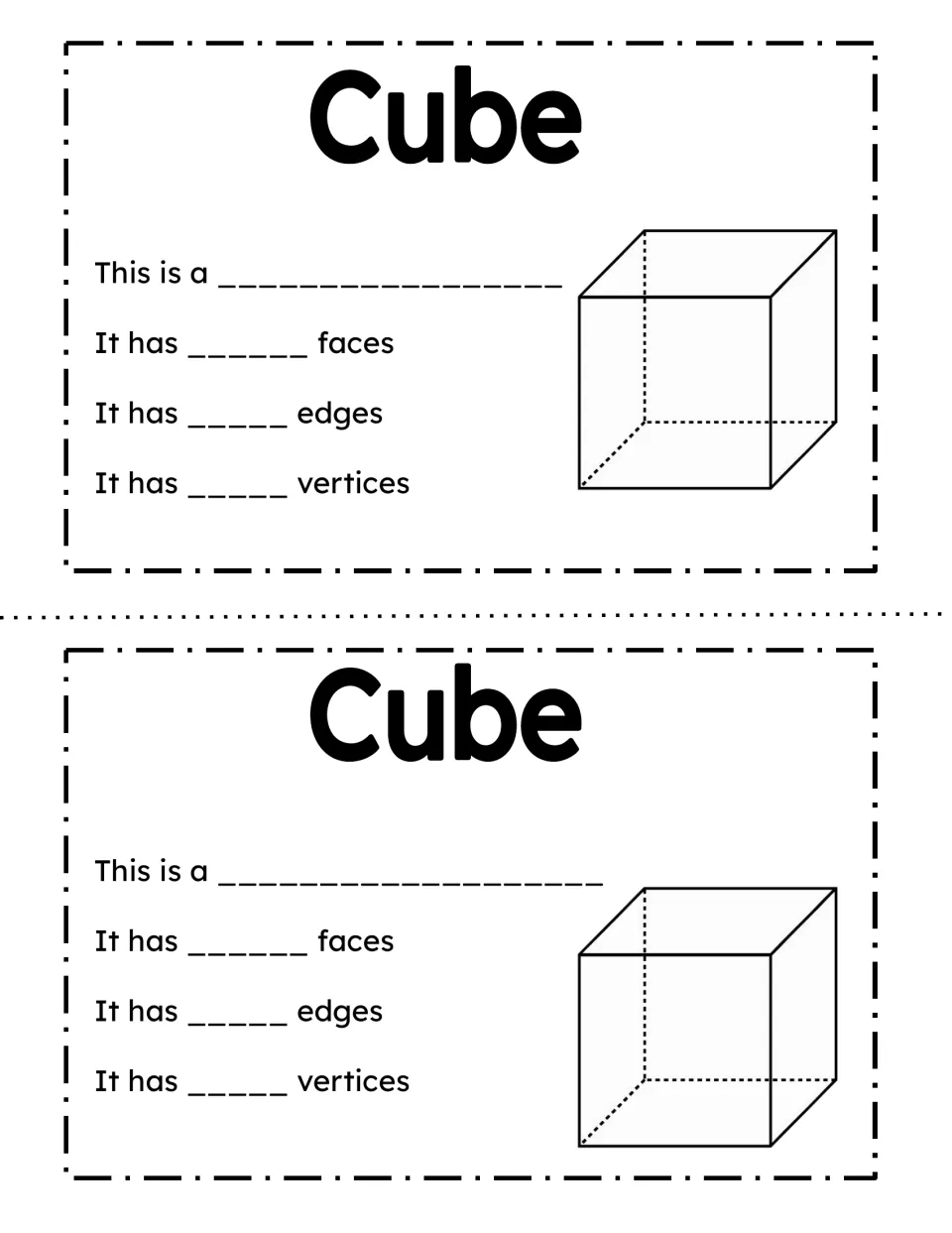 Cube: students write the shape name and record the number of faces, edges and vertices shown in the cube drawing