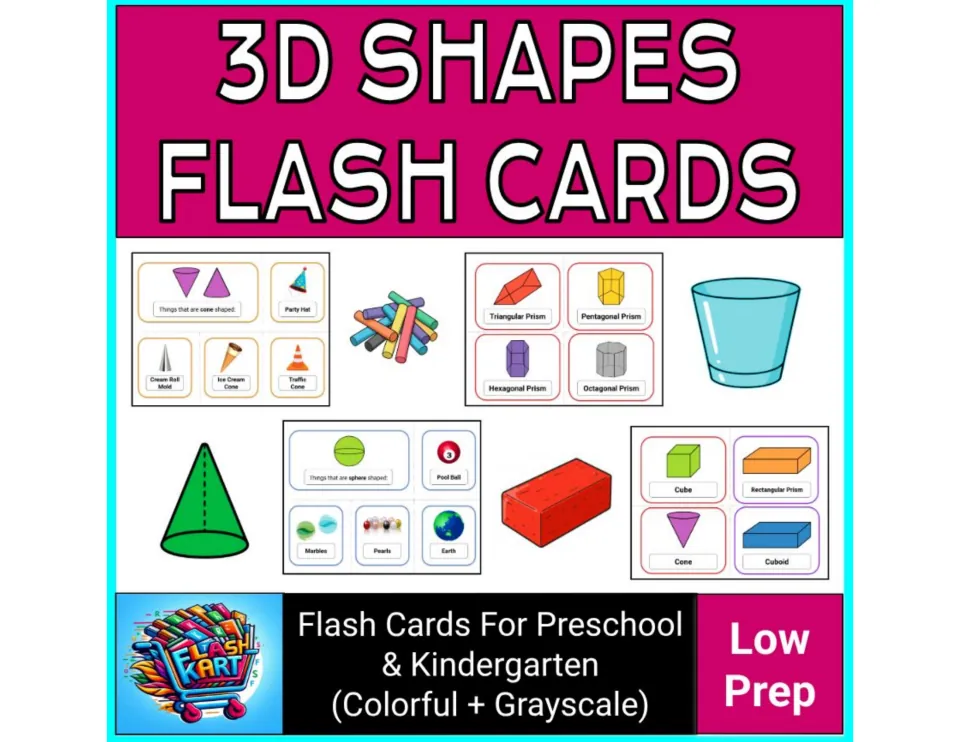 3D Shapes Flash Cards cover for preschool and kindergarten: cone, sphere, prism and cube cards in color and grayscale
