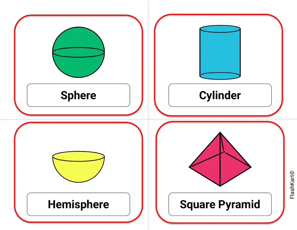 Curved and pointed solids flash cards: sphere, cylinder, hemisphere and square pyramid, each drawn and labeled by name
