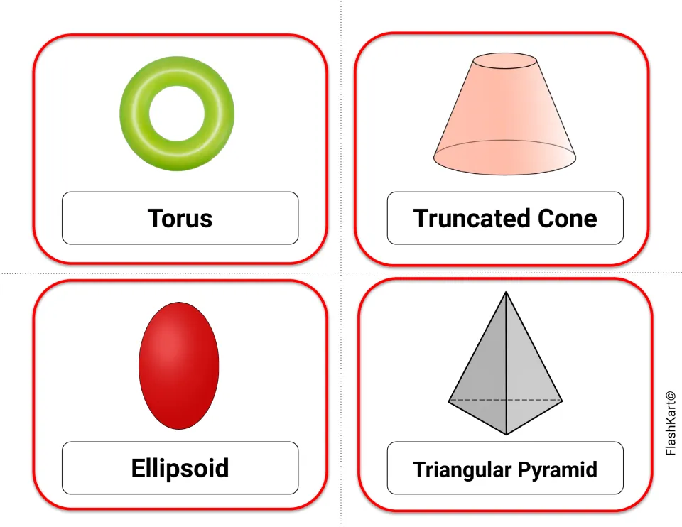 Less common solids flash cards: torus, truncated cone, ellipsoid and triangular pyramid, each pictured with its name