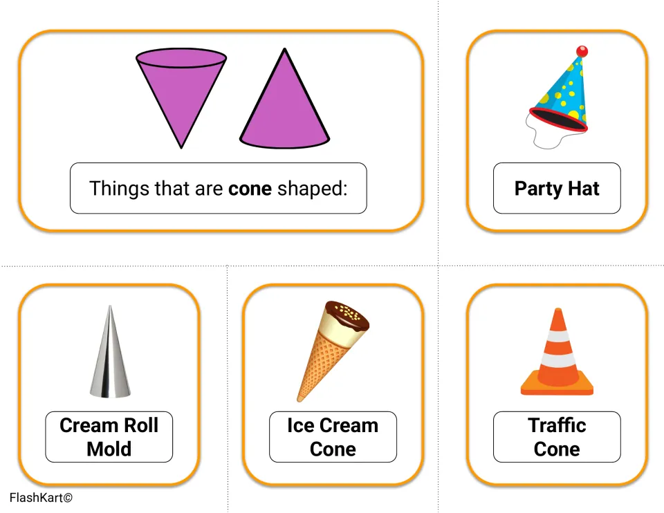Things that are cone shaped: header card plus party hat, cream roll mold, ice cream cone and traffic cone picture cards