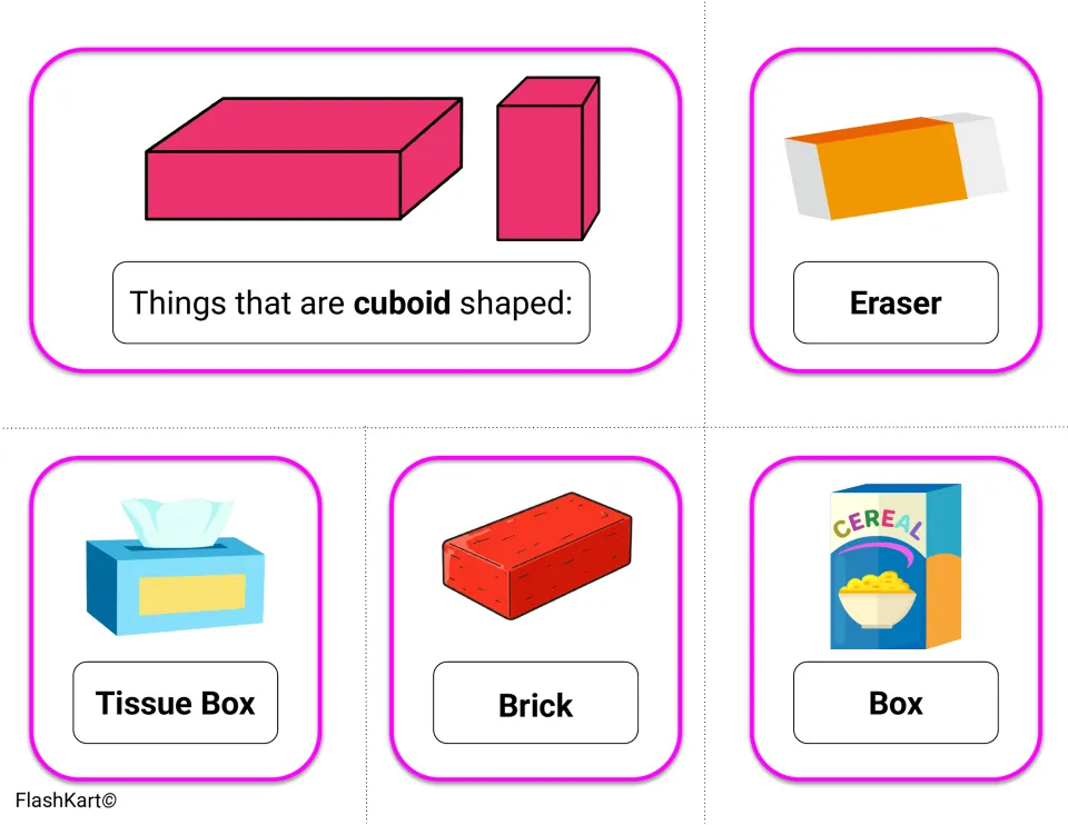 Things that are cuboid shaped: header card with eraser, tissue box, brick and cereal box pictures as real-life examples