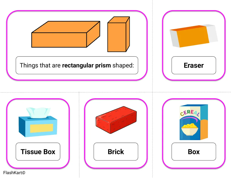 Things that are rectangular prism shaped: eraser, tissue box, brick and cereal box cards using the prism term