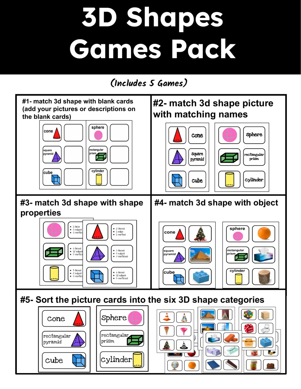 3D Shapes Games Pack cover previewing 5 games: memory, picture-to-name, shape properties, real objects and a picture sort
