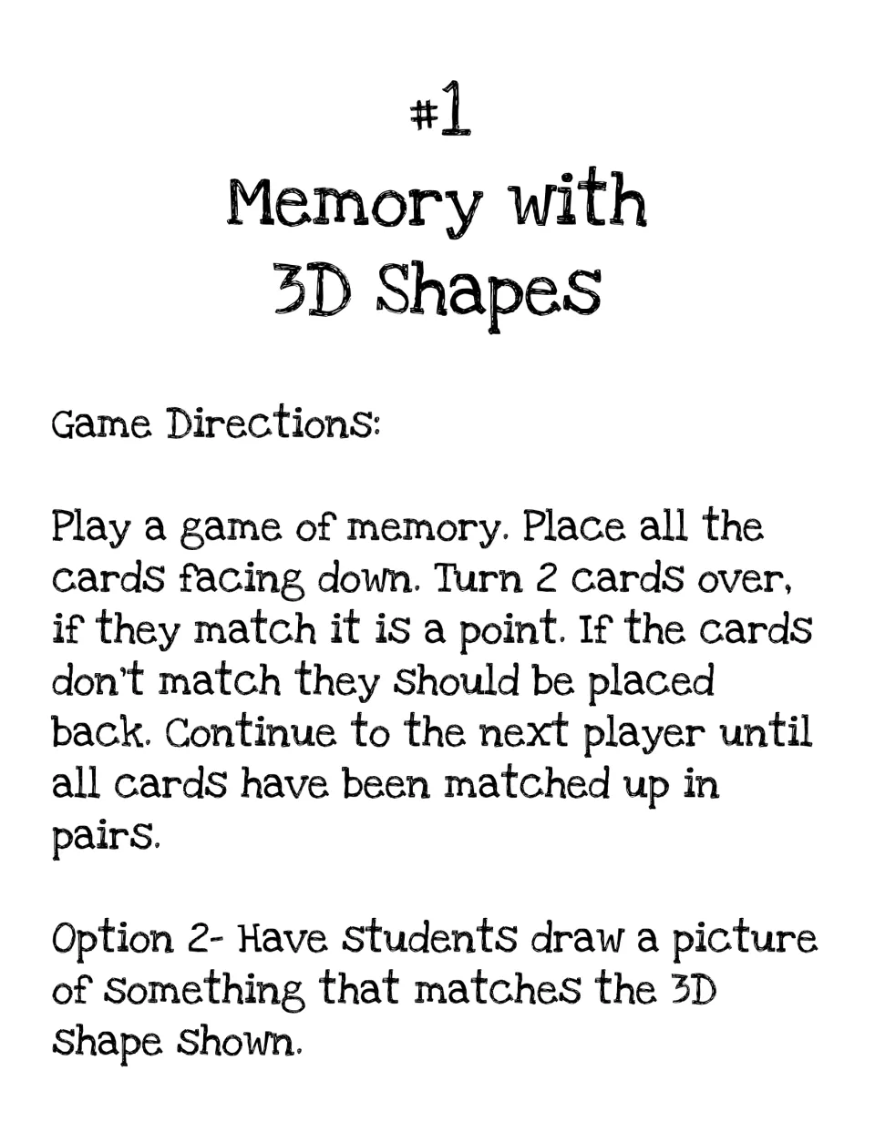 Memory with 3D Shapes directions: players flip 2 cards to find matching pairs; option 2 has students draw a matching object